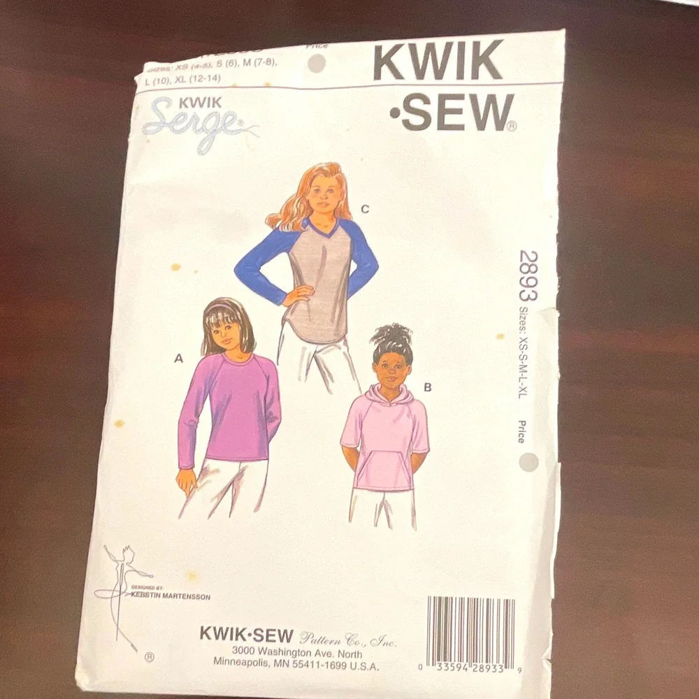 Kwik Sew‎ 2893 Girls Shirt Sewing Pattern Raglan Hoodie XS-XL 2893